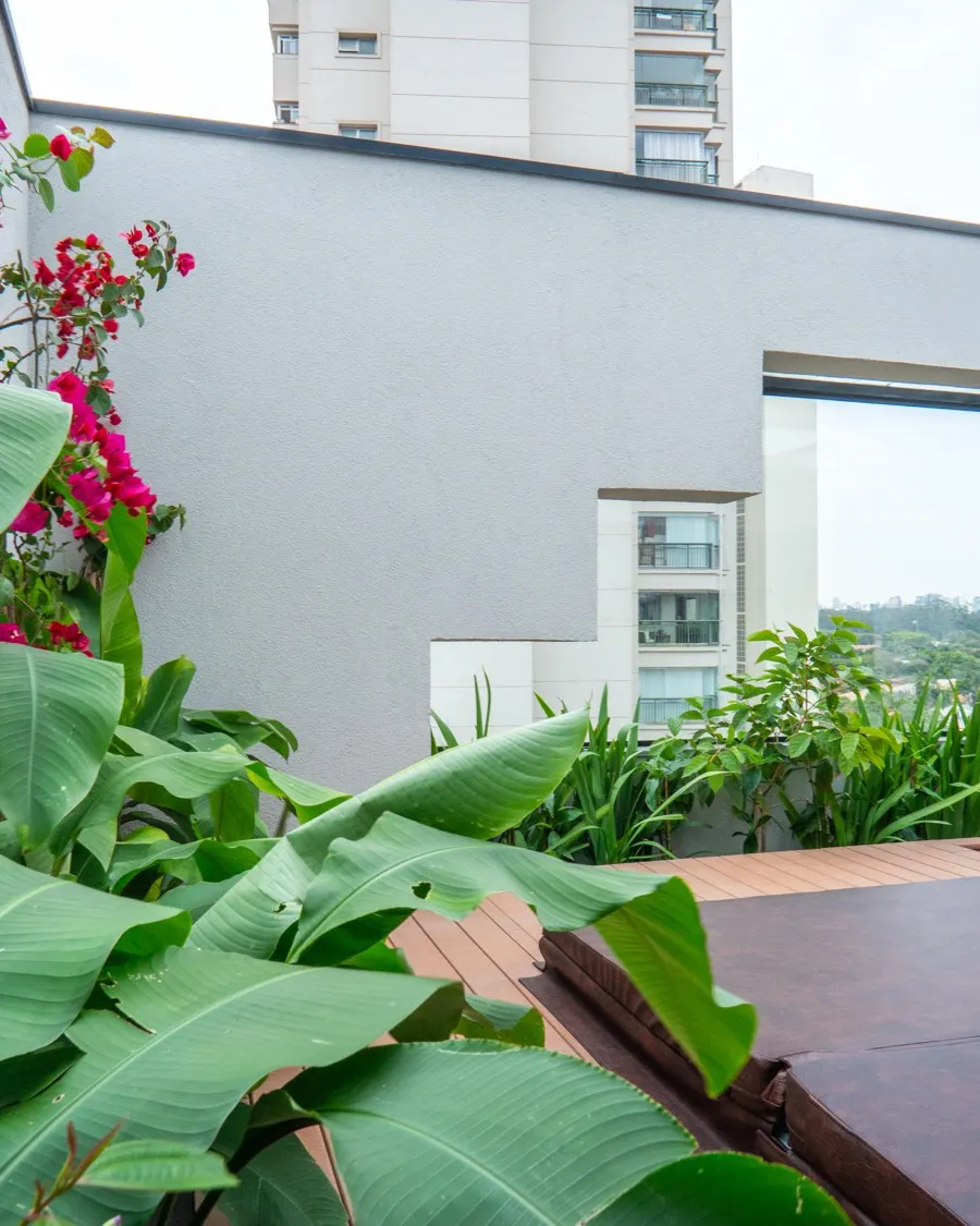 Bougainvillea e manacá-da-serra sobre o deck, com o skyline ao fundo