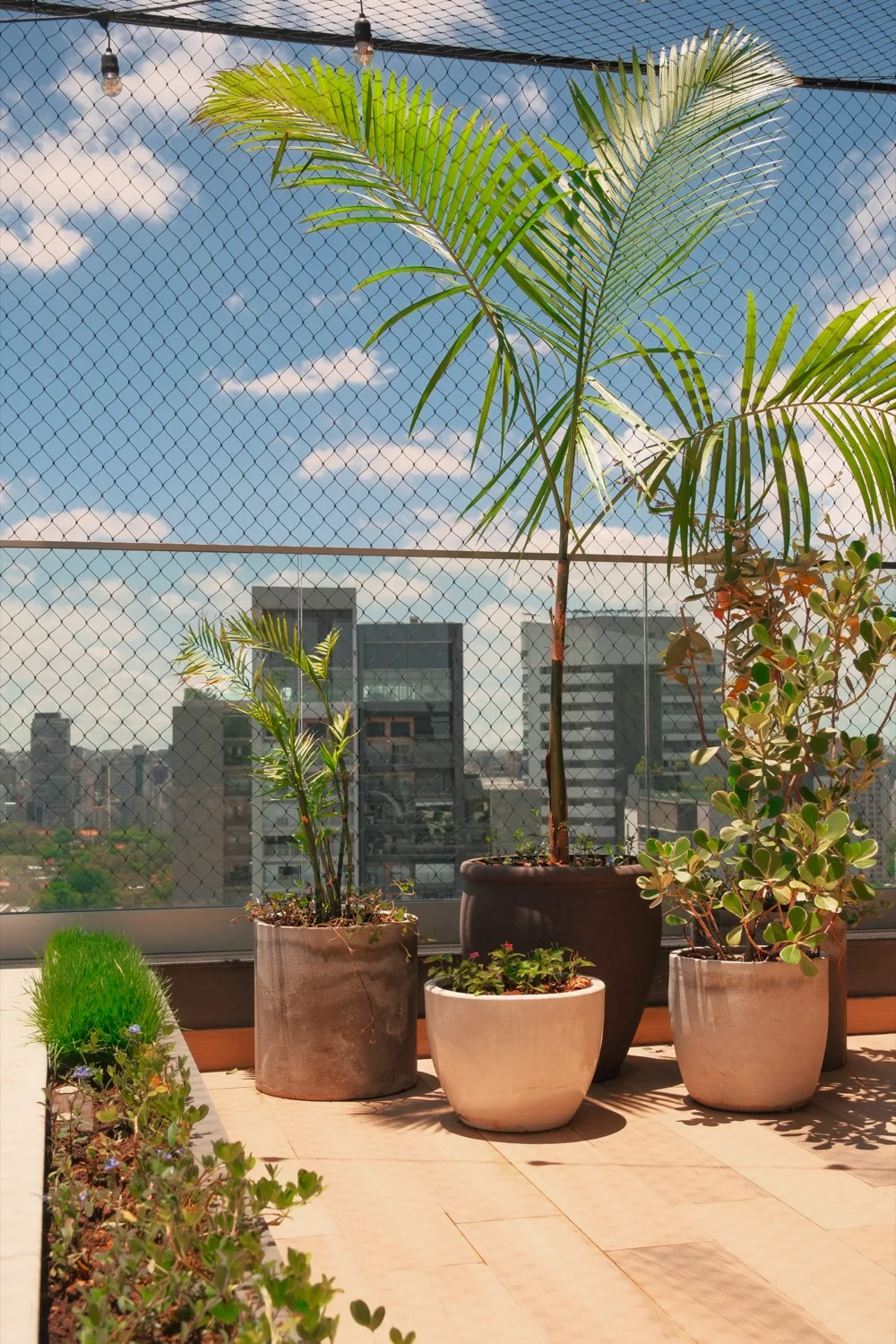 Terraço aberto com vasos e vista