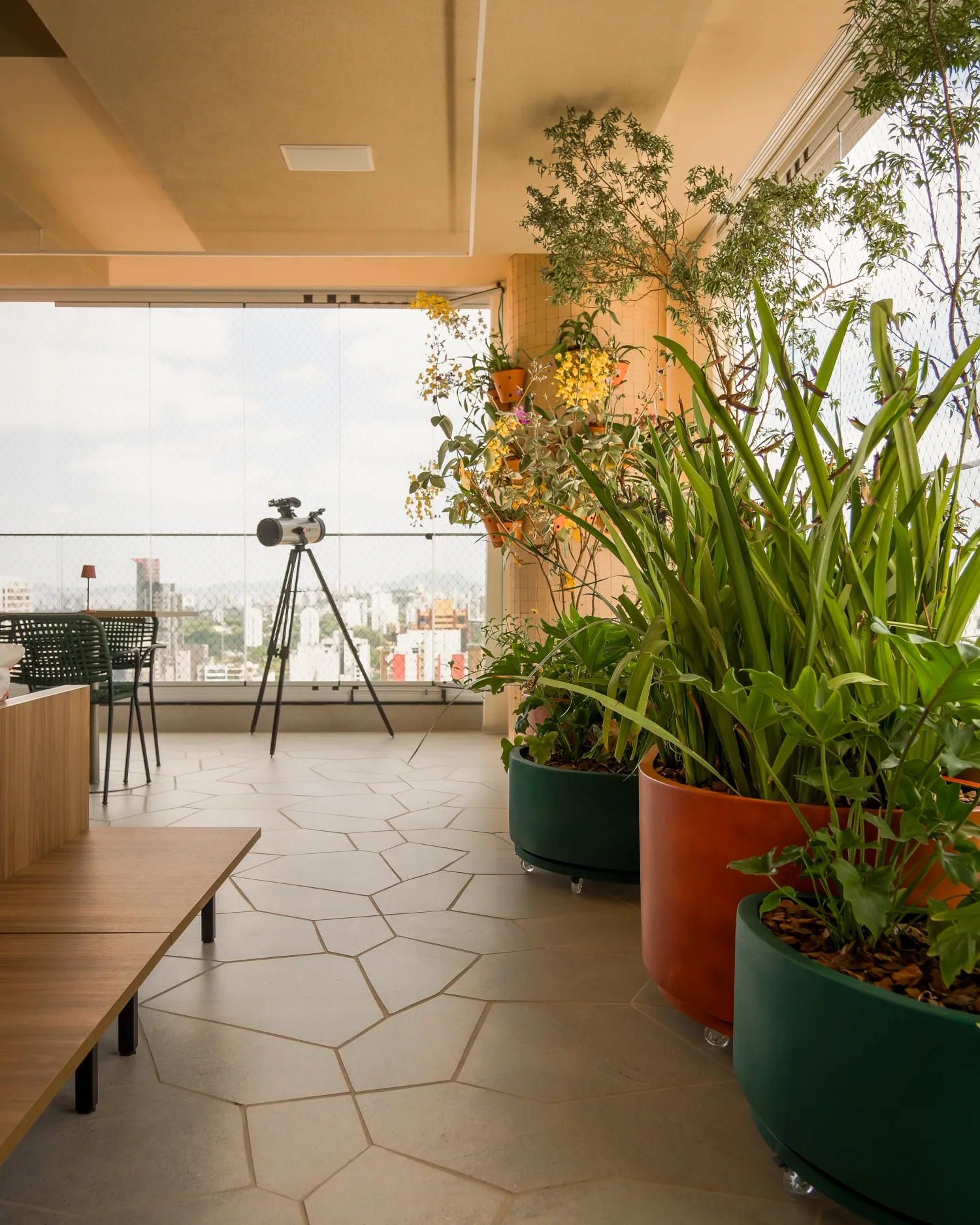 Varanda com telescópio, vasos de plantas nativas e vista para São Paulo