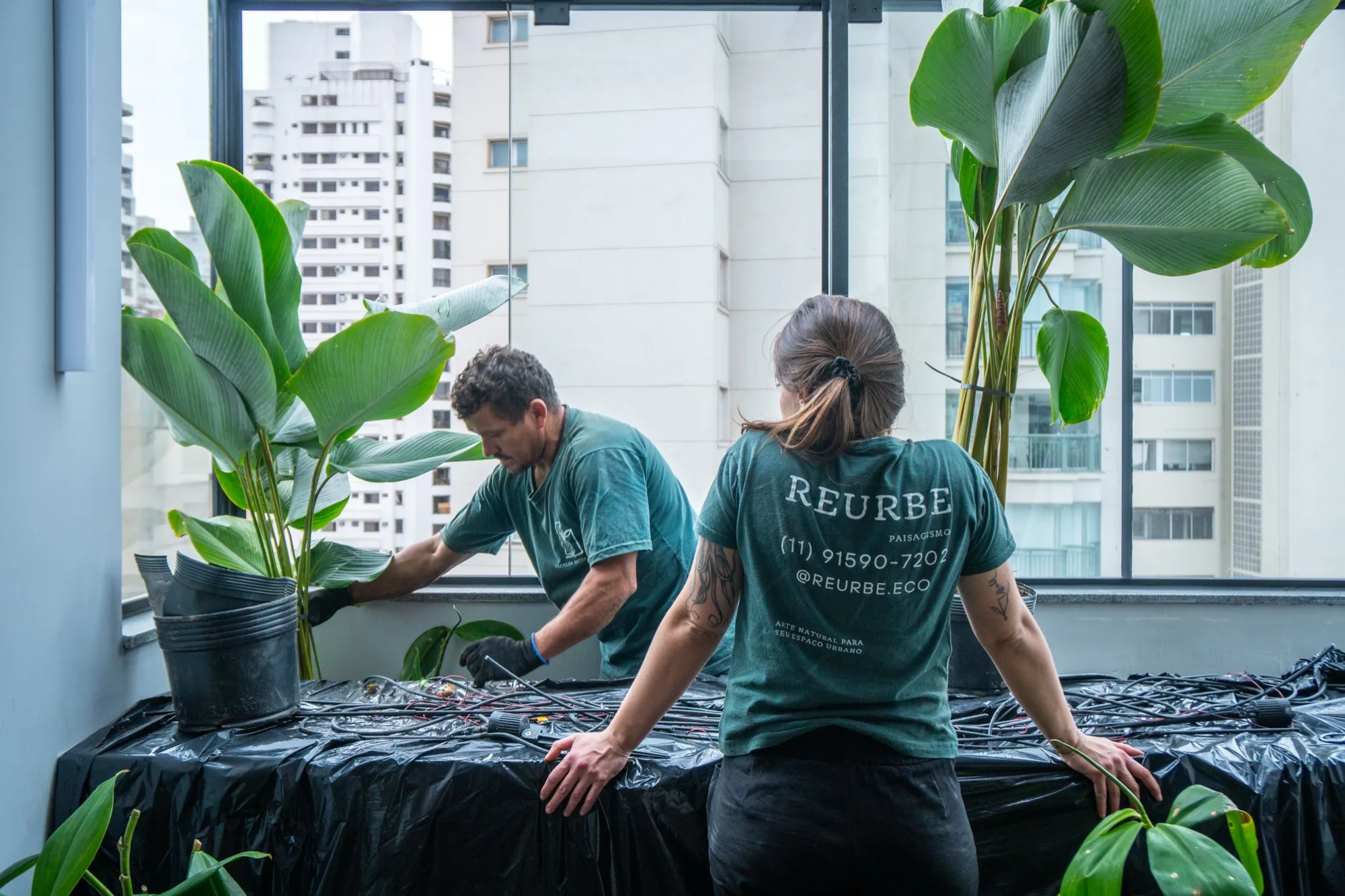 Equipe da REURBE preparando plantas em um apartamento com vista para São Paulo