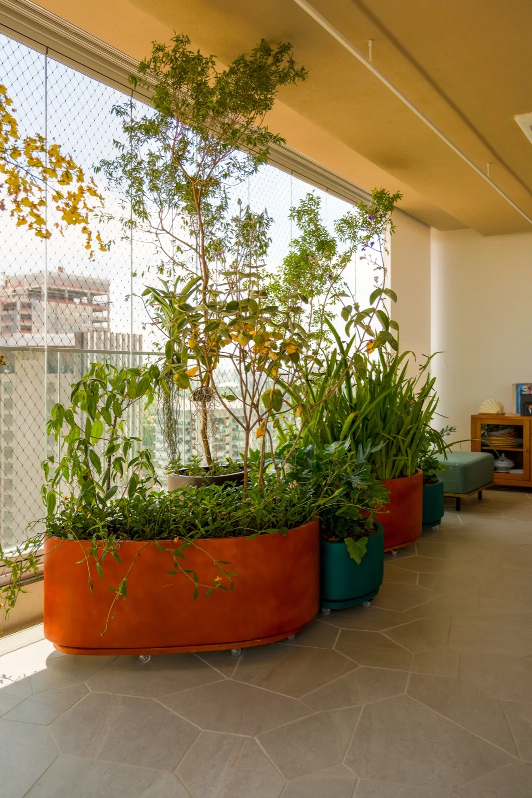 Estudo tridimensional de um jardim de varanda, com vasos assimétricos, árvores frutíferas e forrações